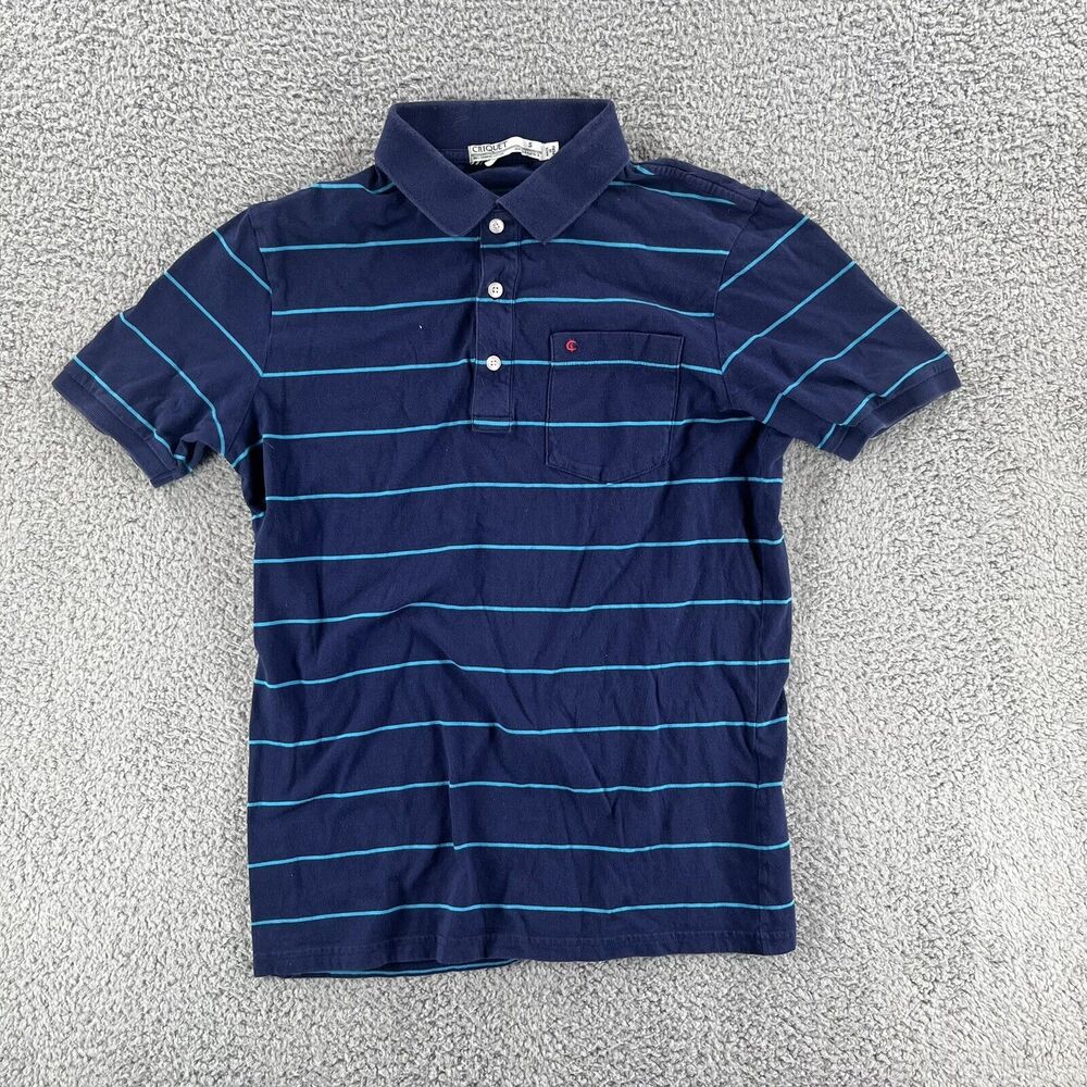 Criquet Organic Cotton Pocket Golf Polo Shirt Men's S Small Navy Blue Striped